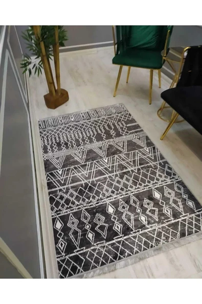 Iskandinav Kilim Desenli Kaymaz Tabanlı Yıkanabilir Leke Tutmaz DotTaban Halı SİYAH-BEYAZ 140 X 200