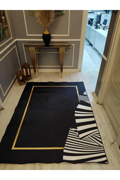 Zebra Çerçeve Desenli Kaymaz Tabanlı Yıkanabilir Leke Tutmaz Dot Taban Halı Drk8056-10 SİYAH-BEYAZ 140 X 200