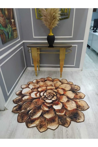 Lazer Kesim Çiçek Desenli Kaymaz Tabanlı Yıkanabilir Leke Tutmaz Dot Taban Halı Drk8079-4 KAHVE TONLAMALI 120 X 120
