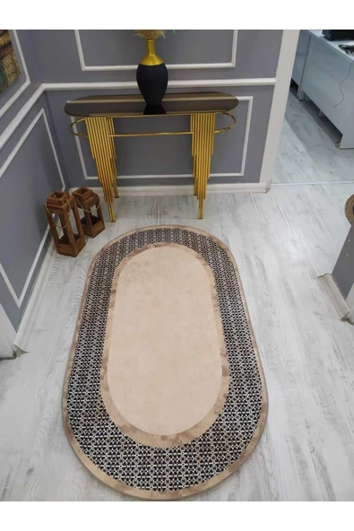 Dekoratif Örüntü Desenli Oval Kaymaz Taban Yıkanabilir Leke Tutmaz Dot Taban Halı Drk8052-6 RENGARENKK 100 X 200
