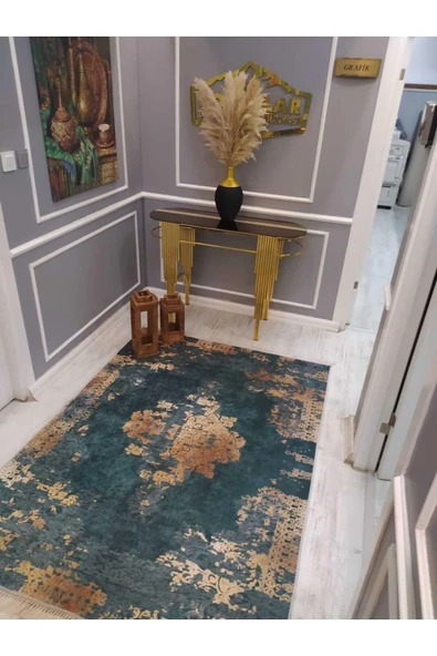 Eskitme Desenli Kaymaz Tabanlı Yıkanabilir Leke Tutmaz Dot Taban Halı Drk8078-8 KOYU YEŞİL-GOLD 80 X 200