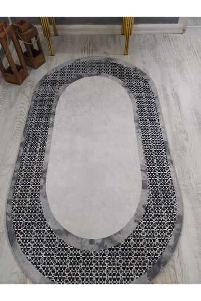 Dekoratif Örüntü Desenli Oval Kaymaz Taban Yıkanabilir Leke Tutmaz Dot Taban Halı Drk8053-4 GRİ-SİYAH 80 X 150