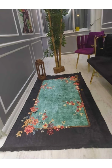 Çerçeveli Renkli Çiçekler Desen Kaymaz Tabanlı Yıkanabilir Leke Tutmaz Dot Taban Halı Drk8075-6 SİYAH-MAVİ-RENKLİ 80 X 300