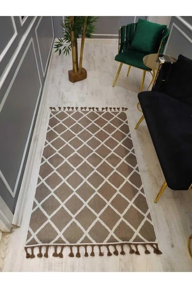 Çizgili Kilim Desenli Kaymaz Tabanlı Yıkanabilir Leke Tutmaz Dot Taban Halı Drk8062-6 KAHVE-BEYAZ 80 X 150