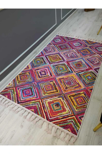 Rengarenk Kilim Desenli Kaymaz Tabanlı Yıkanabilir Leke Tutmaz Dot Taban Halı Drk8063-9 RENGARENKK 140 X 200