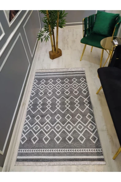 Kaymaz Leke Tutmaz Yıkanabilir Iskandinav Kilim Motifli Desenli Dot Taban Halı GRİ-BEYAZ 120 X 180
