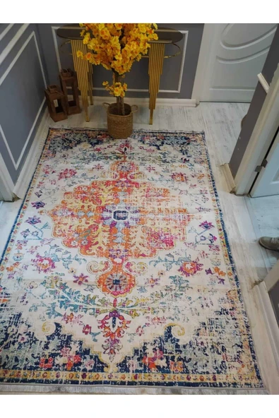 Iskandinav Kilim Desenli Kaymaz Tabanlı Yıkanabilir Leke Tutmaz DotTaban Halı GRİ-BEYAZ 160 X 230