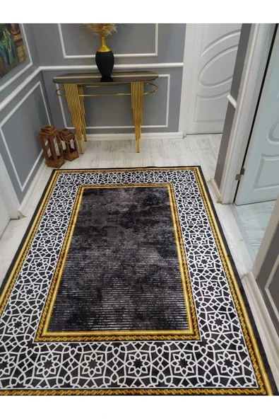 Eskitme Zeminli Çerçeve Desenli Kaymaz Tabanlı Yıkanabilir Leke Tutmaz Dot Taban Halı Drk8057-1 SİYAH-BEYAZ-GOLD 160 X 230