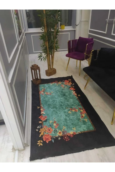 Çerçeveli Renkli Çiçekler Desenli Kaymaz Tabanlı Yıkanabilir Leke Tutmaz Dot Taban Halı SİYAH-MAVİ-RENKLİ 100 X 200