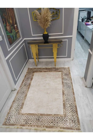 Örüntü Çerçeve Desenli Kaymaz Tabanlı Yıkanabilir Leke Tutmaz Dot Taban Halı Drk8076-5 KREM-VİZON 140 X 200