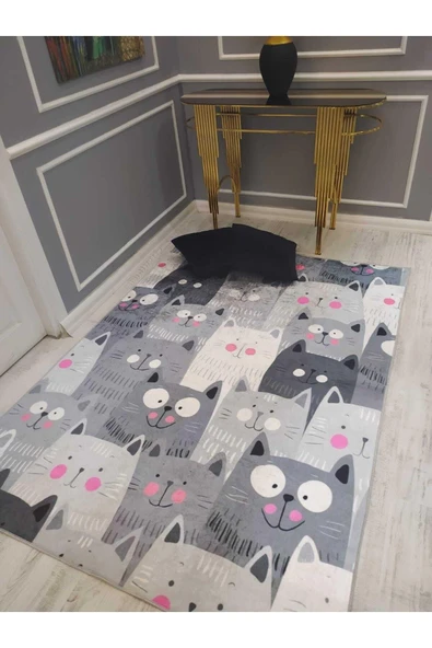 Tatlı Kediler Desenli Kaymaz Tabanlı Yıkanabilir Leke Tutmaz Dot Taban Halı Drk8077-2 GRİ 100 X 200