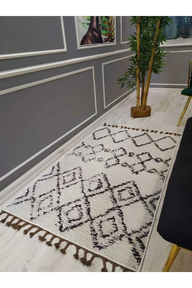 Iskandinav Kilim Desenli Kaymaz Tabanlı Yıkanabilir Leke Tutmaz Dot Taban Halı Drk8061-9 SİYAH-BEYAZ 200 X 300