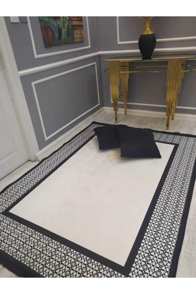 Çerçeveli Örüntü Desenli Kaymaz Tabanlı Yıkanabilir Leke Tutmaz Dot Taban Halı Drk8080-4 SİYAH-BEYAZ 100 X 200
