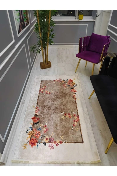 Çerçeveli Renkli Çiçekler Desenli Kaymaz Tabanlı Yıkanabilir Leke Tutmaz Dot Taban Halı KAHVE-RENKLİ 160 X 230