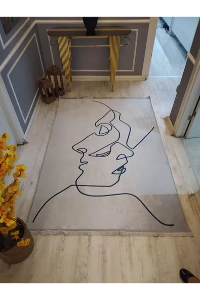 Kaymaz Tabanlı Yıkanabilir Slüet Desenli Dot Taban Halı GRİ 80 X 150