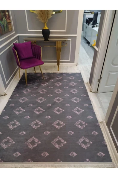 Kaymaz Tabanlı Yıkanabilir Etnik Dekoratif Desenli Dot Taban Halı ANTRESİT GRİ 200 X 300