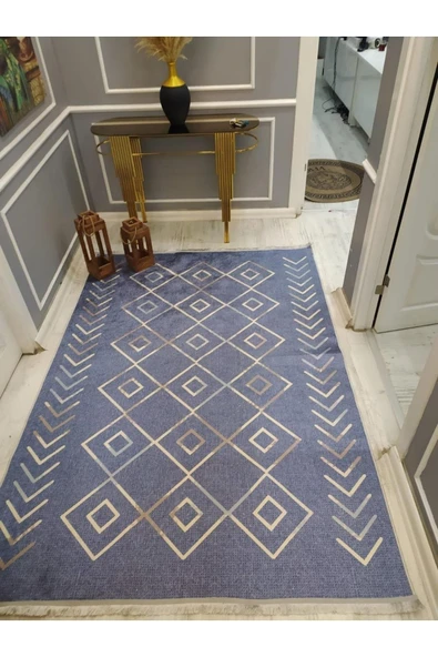 Kaymaz Tabanlı Çizgiler Desenli Mavi Zeminli Dot Taban Halı MAVİ 80 X 150