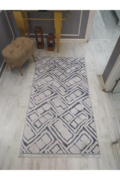 Kaymaz Tabanlı Yıkanabilir Modern Geometrik Desenli Dot Taban Halı Krem-Gri 200 X 300