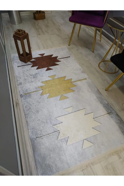 Kaymaz Tabanlı Yıkanabilir Geometrik Desenli Dot Taban Halı GRİ 80 X 300