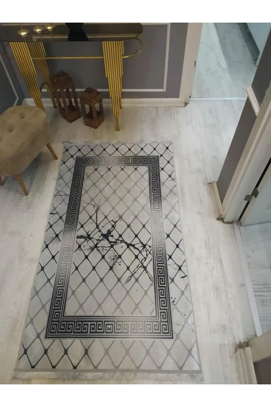 Kaymaz Tabanlı Yıkanabilir Granit Çerçeve Desenli Dot Taban Halı GRİ-SİYAH 80 X 300
