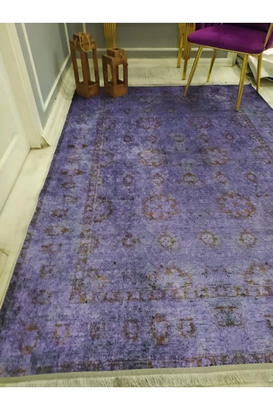 Kaymaz Tabanlı Yıkanabilir Mor Zemin Eskitme Desenli Dot Taban Halı Mor 140 X 200 - 6