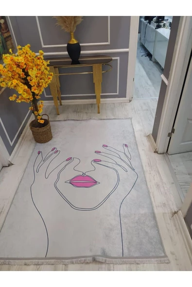 Kaymaz Tabanlı Yıkanabilir Kadın Silüet Desenli Dot Taban Halı Gri-Pembe 80 X 200