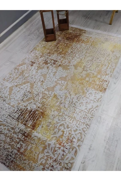 Kaymaz Tabanlı Yıkanabilir Dekoratif Desenli Dot Taban Halı Gold 120 X 180 - 4