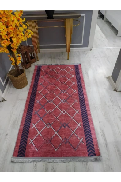 Kaymaz Tabanlı Yıkanabilir Dekoratif Çizgiler Desenli Dot Taban Halı KIRMIZI 180 X 280