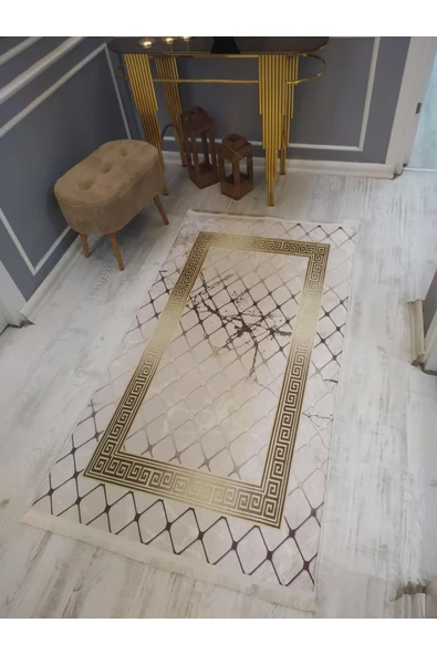 Kaymaz Tabanlı Yıkanabilir Granit Çerçeve Desenli Dot Taban Halı Krem-Gold 80 X 300 - 2