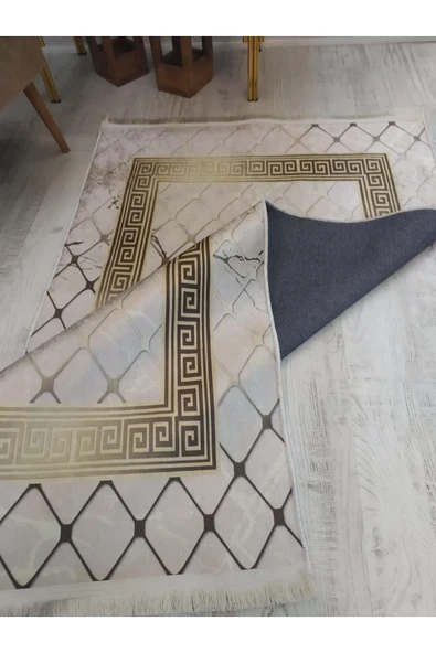 Kaymaz Tabanlı Yıkanabilir Granit Çerçeve Desenli Dot Taban Halı Krem-Gold 80 X 300 - 4