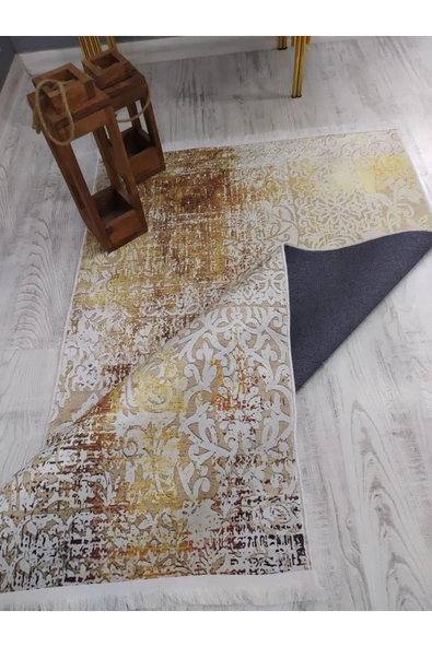 Kaymaz Tabanlı Yıkanabilir Dekoratif Desenli Dot Taban Halı Gold 120 X 180 - 5