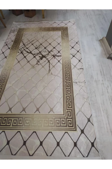 Kaymaz Tabanlı Yıkanabilir Granit Çerçeve Desenli Dot Taban Halı Krem-Gold 80 X 300 - 3