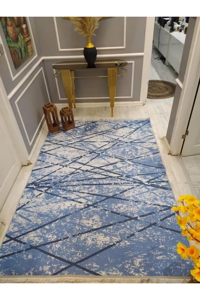 Kaymaz Tabanlı Geometrik Çizgiler Desenli Dot Taban Halı Açık Mavi 100 X 300