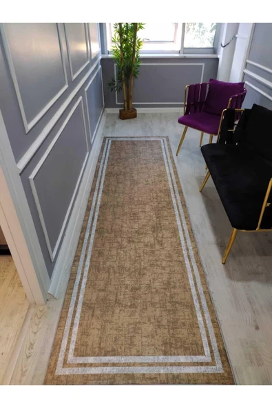 Kaymaz Tabanlı Leke Tutmaz Yıkanabilir Eskitme Zemin Çerçeve Desenli Dot Taban Halı Drk8087-9 HARDAL-BEYAZ 100 X 200