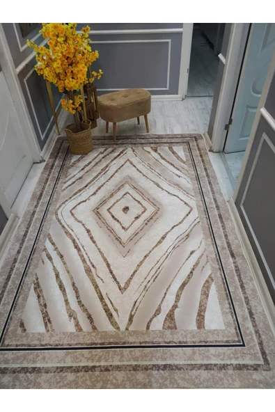 Kaymaz Tabanlı Yıkanabilir Dekoratif Çerçeveli Desenli Dot Taban Halı KAHVERENGİ 140 X 200