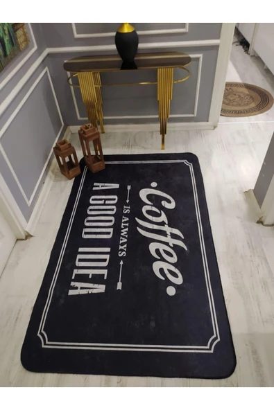 Kaymaz Tabanlı Yıkanabilir Coffee Desenli Dot Taban Halı Siyah 200 X 300