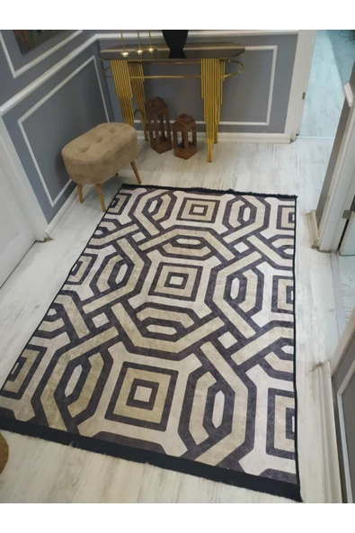 Kaymaz Tabanlı Yıkanabilir Dekoratif Örüntü Desenli Dot Taban Halı Koyu Kahverengi 200 X 300