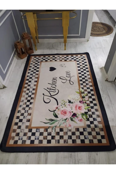 Kaymaz Tabanlı Yıkanabilir Kitchen Love Desenli Dot Taban Halı Siyah 200 X 300