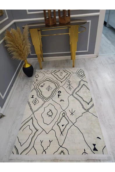 Kaymaz Tabanlı Yıkanabilir Eğimli Çizgiler Desenli Dot Taban Halı KREM-SİYAH 140 X 200