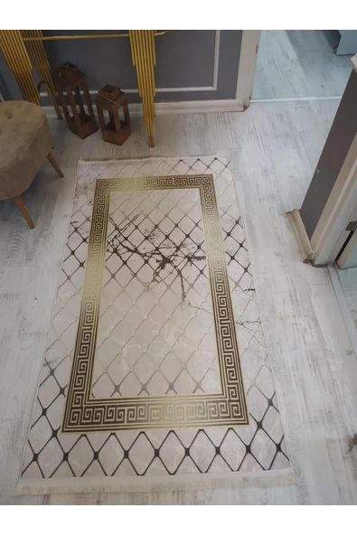 Kaymaz Tabanlı Yıkanabilir Granit Çerçeve Desenli Dot Taban Halı Krem-Gold 80 X 200