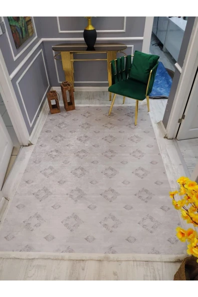 Kaymaz Tabanlı Yıkanabilir Etnik Dekoratif Desenli Dot Taban Halı Vizon 180 X 280