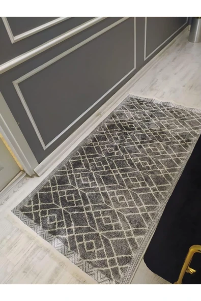 Kaymaz Tabanlı Yıkanabilir Çizgili Kilim Desenli Dot Taban Halı GRİ 100 X 300
