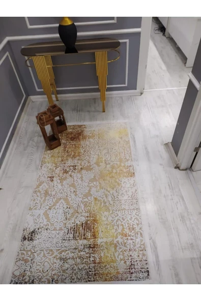Kaymaz Tabanlı Yıkanabilir Dekoratif Desenli Dot Taban Halı Gold 100 X 200