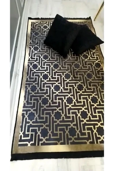 Kaymaz Tabanlı Yıkanabilir Örüntü Desenli Dot Taban Halı Siyah-Gold 100 X 200 - 3