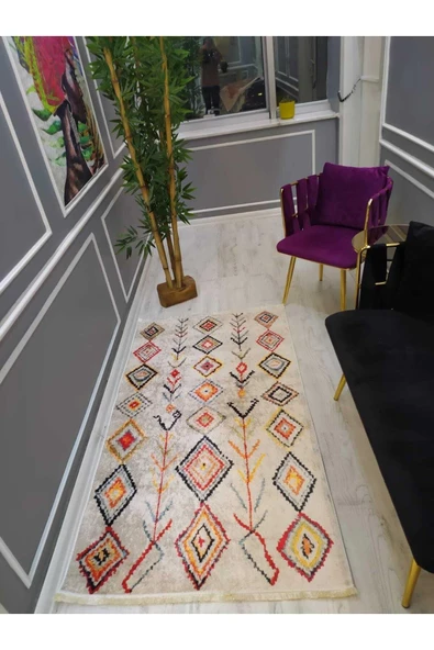 Kaymaz Leke Tutmaz Yıkanabilir Renkli Kilim Desenli Dot Taban Halı RENGARENKK 100 X 300