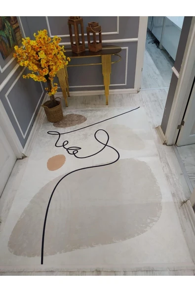 Kaymaz Tabanlı Yıkanabilir Minimal Soyut Desenli Dot Taban Halı Bej 140 X 200