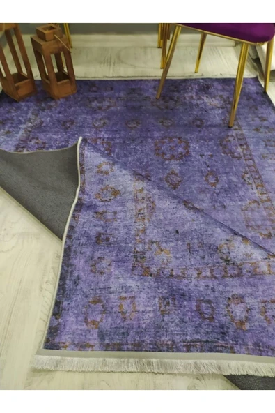 Kaymaz Tabanlı Yıkanabilir Mor Zemin Eskitme Desenli Dot Taban Halı Mor 140 X 200 - 9