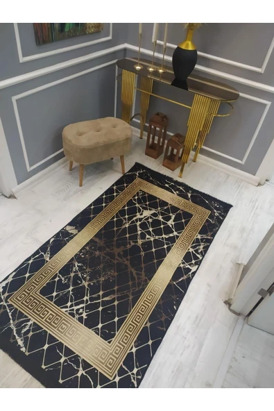 Kaymaz Tabanlı Yıkanabilir Granit Çerçeve Desenli Dot Taban Halı Siyah-Gold 140 X 200 - 2