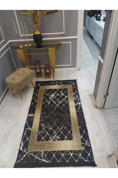 Kaymaz Tabanlı Yıkanabilir Granit Çerçeve Desenli Dot Taban Halı Siyah-Gold 200 X 300