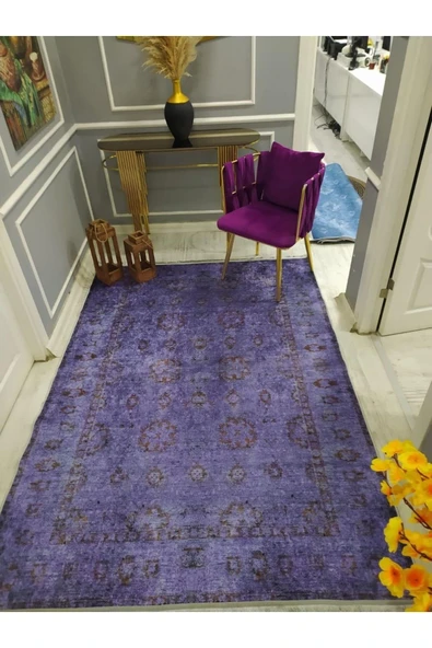 Kaymaz Tabanlı Yıkanabilir Mor Zemin Eskitme Desenli Dot Taban Halı Mor 160 X 230